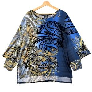 Clara Sunwoo Blue Gold Paisley Asymmetrical Dolman Sleeve Tunic Top XL